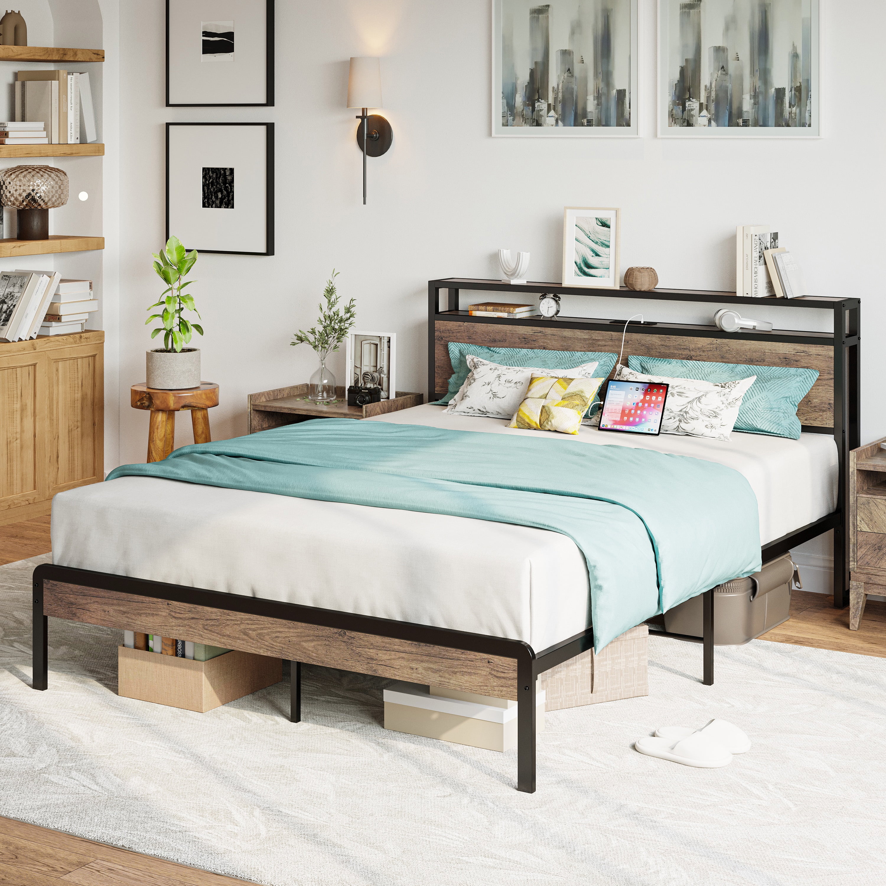 IRONCK Queen Platform Bed Frame with Storage Headboard and Charging Station, No Box Spring Needed