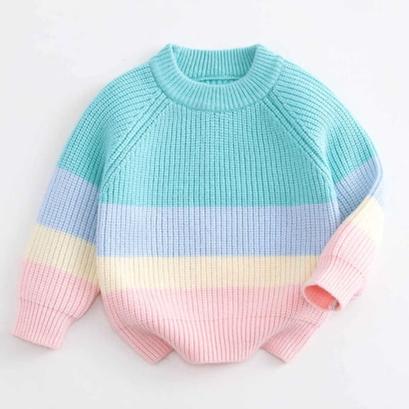 Crunowin Girls Color Block Crew Neck Sweater Pullover Fall Winter Jacquard Pattern Kids Casual Tops Sky Blue Size 1T
