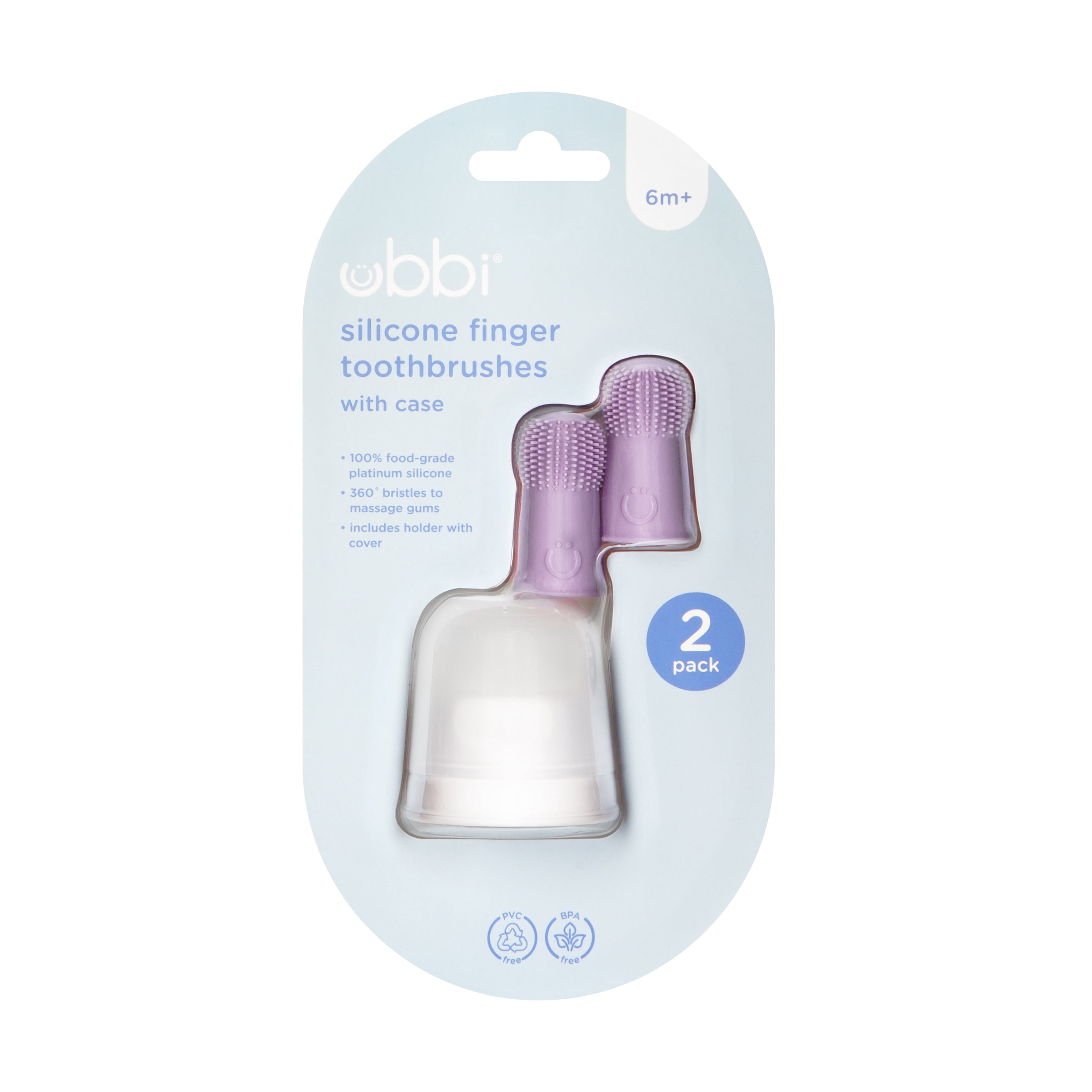 Ubbi Baby Silicone Finger Toothbrush with Storage Case, Food-Grade Platinum Silicone, Oral Care for Infants and Babies, 2 Pack, Smoothie Purple