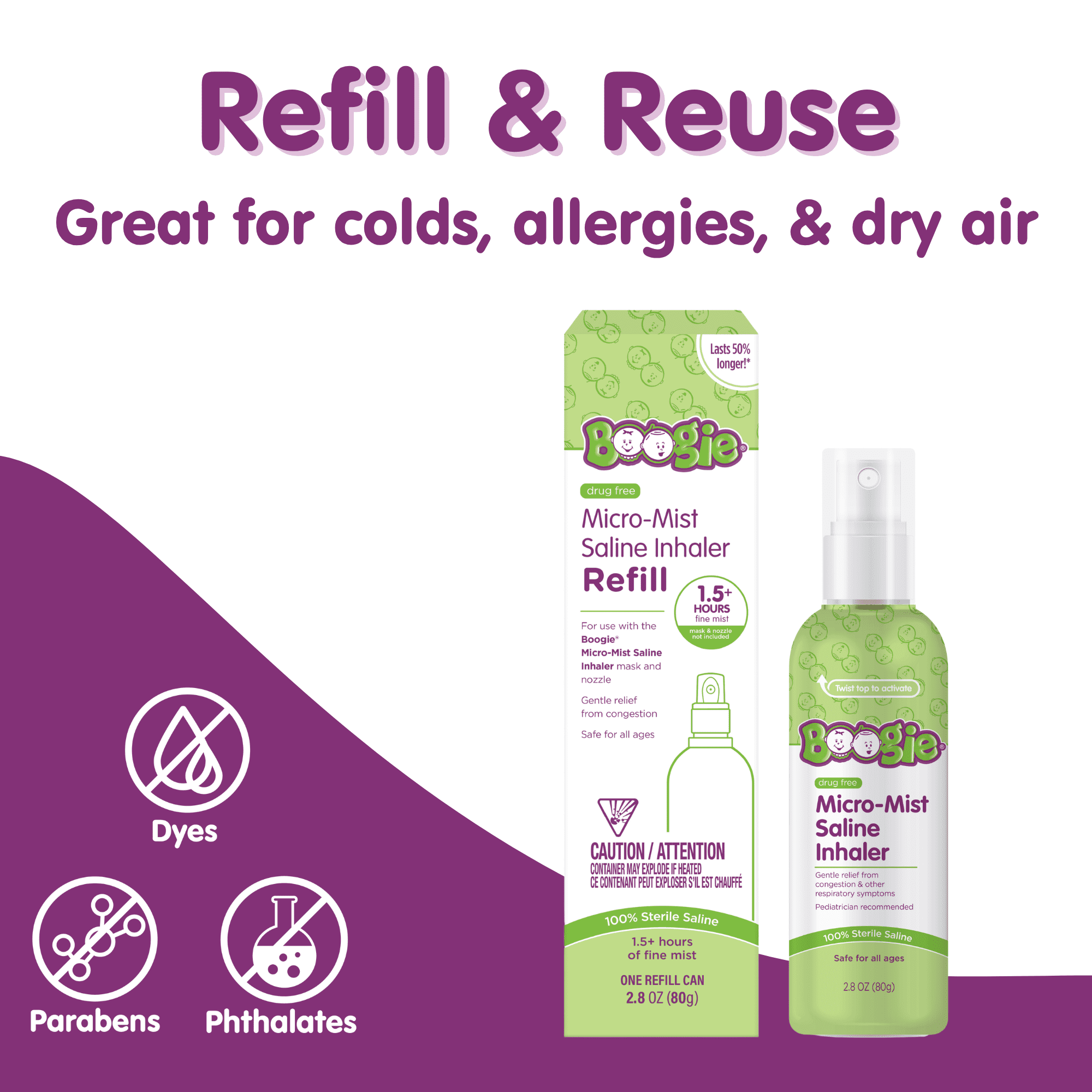 Boogie Sterile and Drug-Free Micro-Mist Saline Inhaler Spray Refill for Kids, 1.7 oz