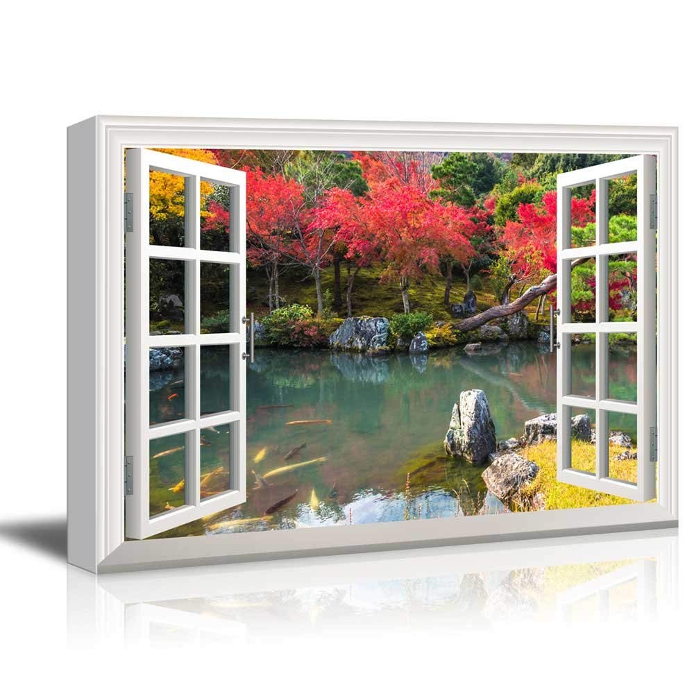 wall26 Canvas Wall Art Window Peering into a Colorful Forest with a
