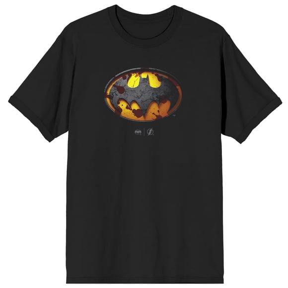T-shirt Noir à Manches Courtes Col Rond Logo Batman Éclaboussé du Film Flash pour Hommes