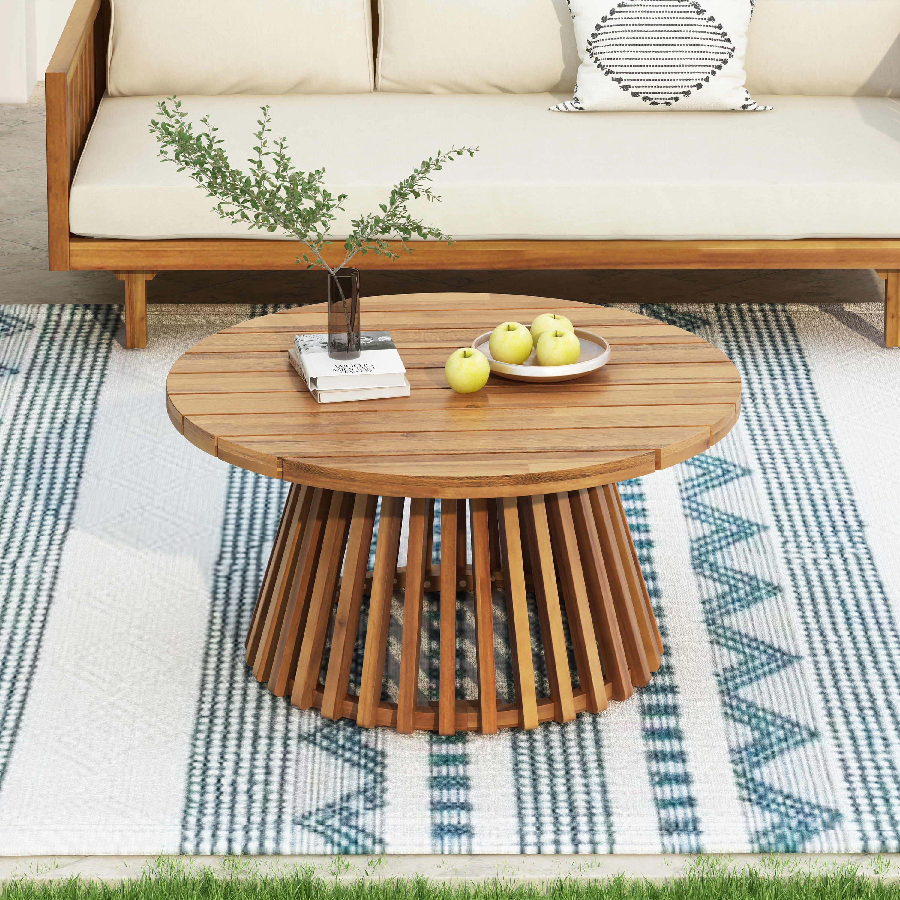Round Coffee Table, Outdoor Acacia Wood Table for Backyard Lawn Balcony, Teak Finish