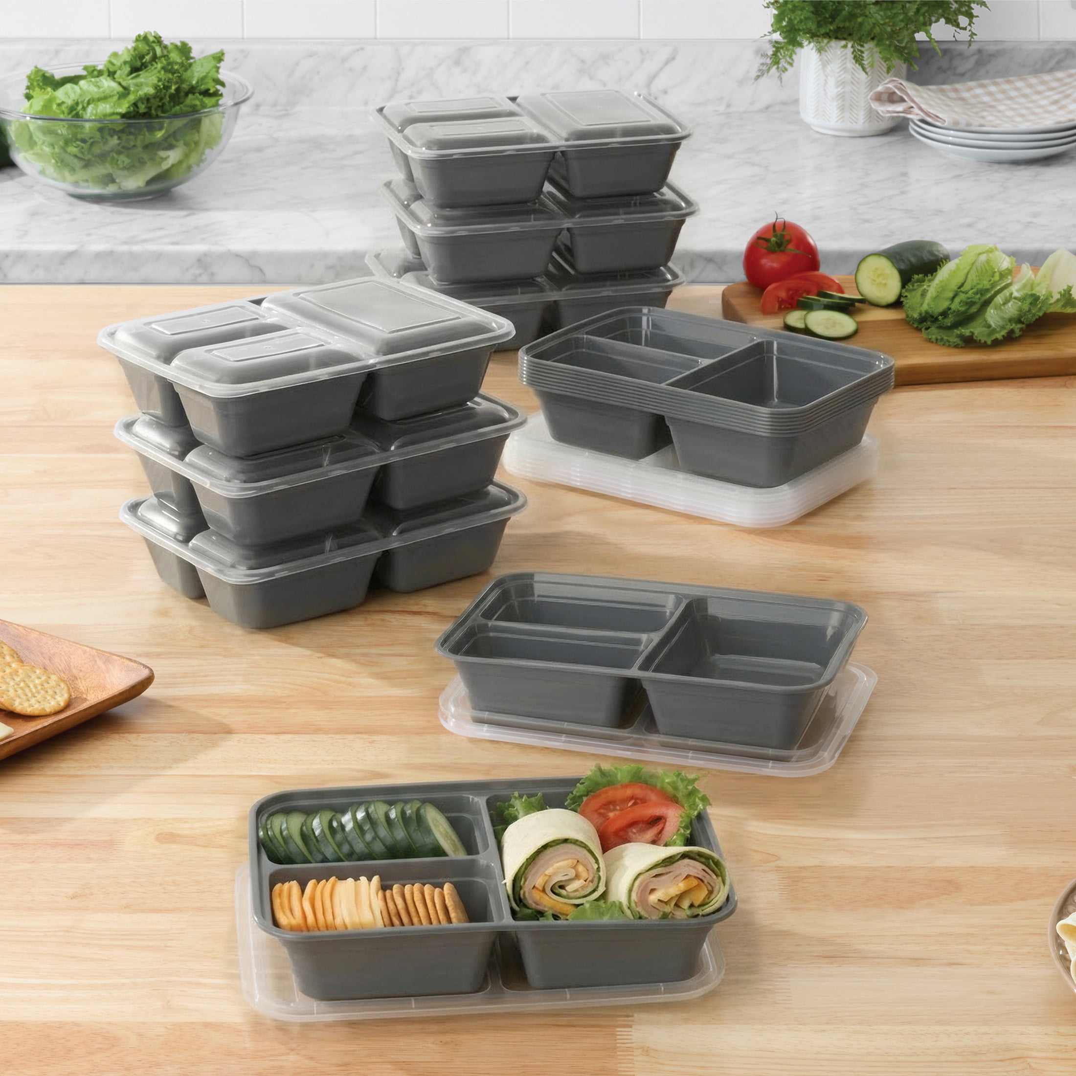 Mainstays 15-Pack 3-Compartment BPA-Free Plastic Meal Prep Food Storage Containers, 0.9L, Soothing Grey