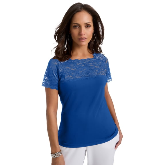 Jessica London Women's Plus Size Stretch Lace Neckline Top