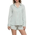 thumbnail image 2 of Rdhnmea Women 2 Piece Causal Outfits Striped Lapel Neck Long Sleeve Button Down Loose Shirt Tops Shorts with Pockets Lounge Set, 2 of 9