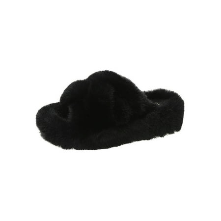

Rotosw Ladies Plush Slipper Flat Slides Open Toe Fuzzy Slippers Lightweight Slip On Sandals Indoor Breathable Fluffy Black 5