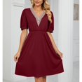thumbnail image 3 of Jdlsppl Women's Midi Dress Short Sleeve Dresses Summer Party Ruched V Neck Fall High Waist Vintage A Line Dress Burgundy Small, 3 of 4