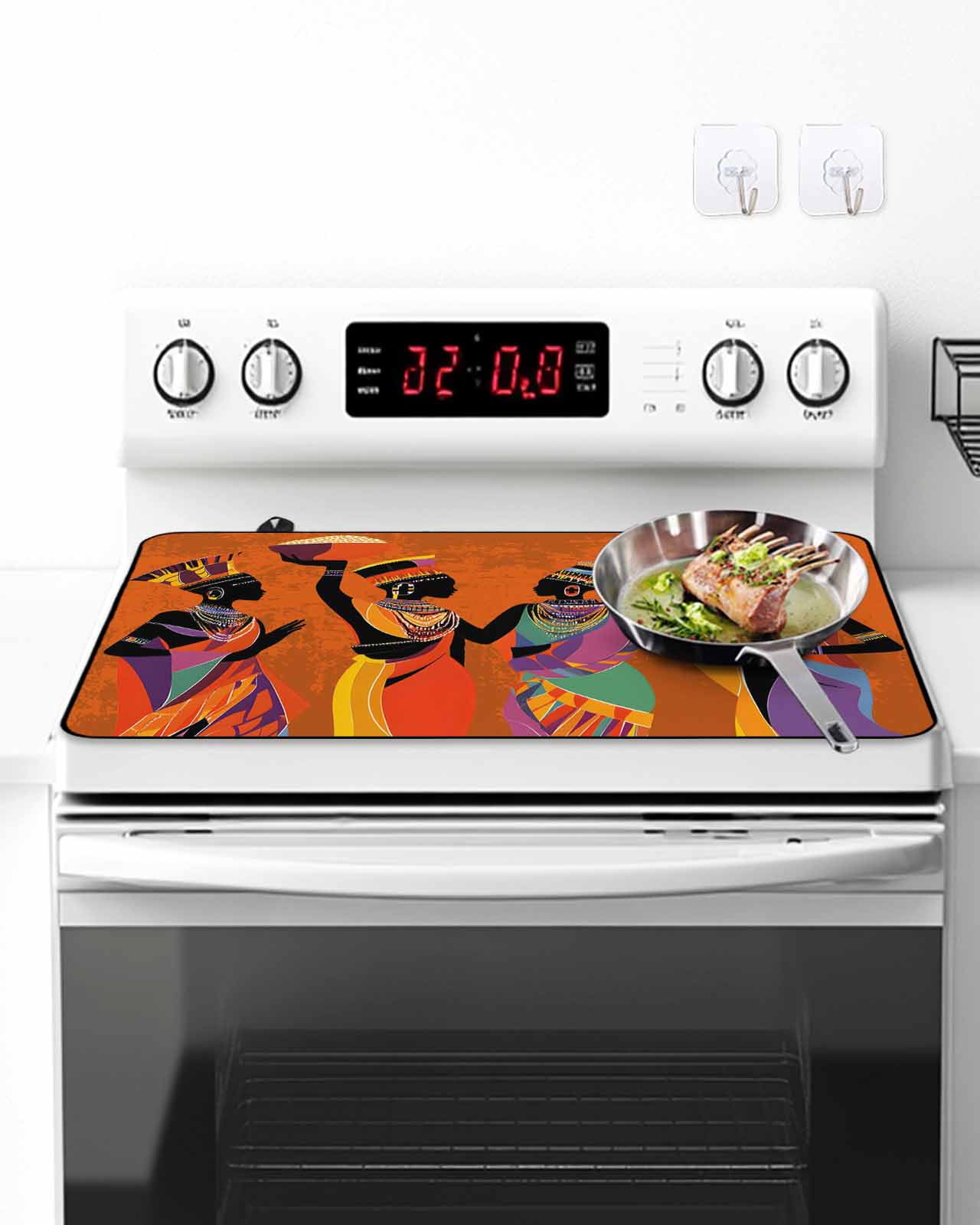 Stove Top Covers for Electric Stove, Black Orange Girls Boho Glass Stovetop Cover Protector, Retro Ethnic Abstract Art Induction Cooktop Protector Oven Mat for Kitchen Countertop 24"x21"