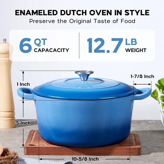 6QT Enameled Cast Iron Dutch Oven Pot with Lid, Round Dutch Oven for Bread Baking, Heavy Duty - Blue