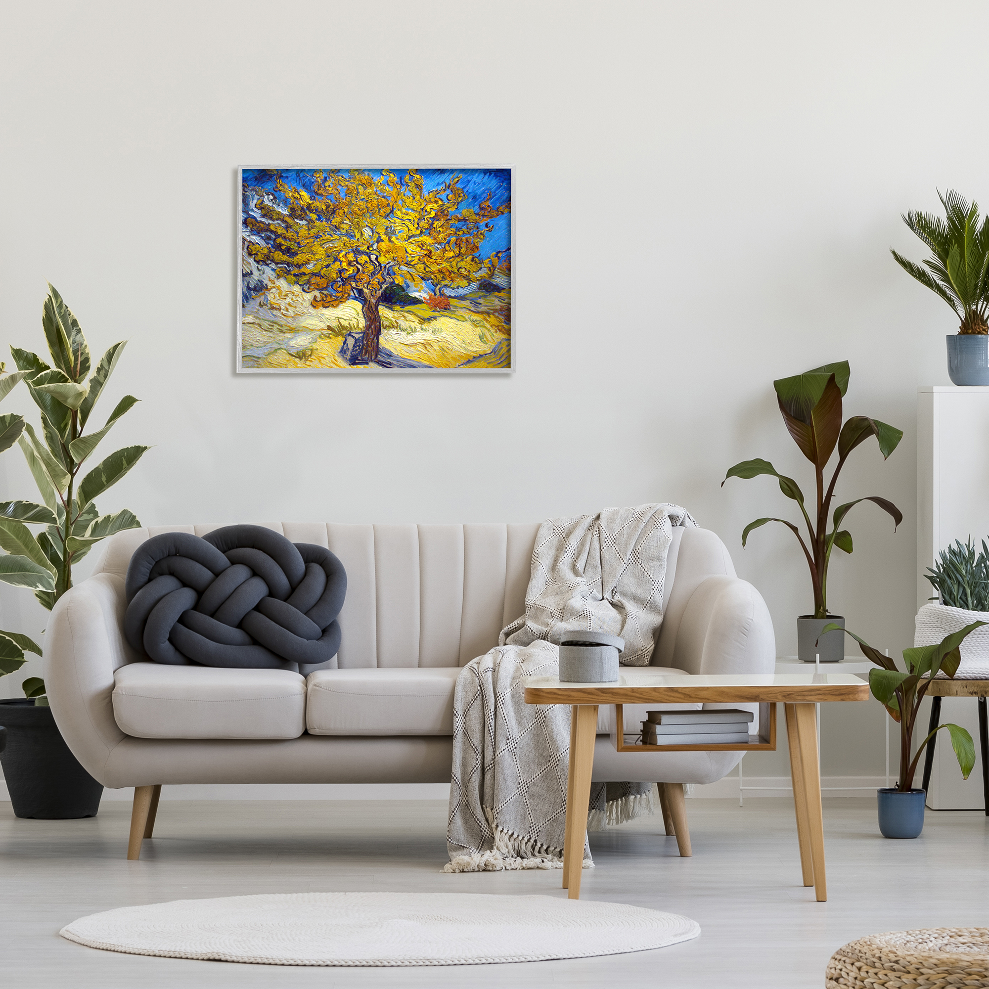 Stupell Industries Golden Tree Blue Yellow Van Gogh Classical Painting Landscape Painting Gray Framed Art Print Wall Art, 24 x 30