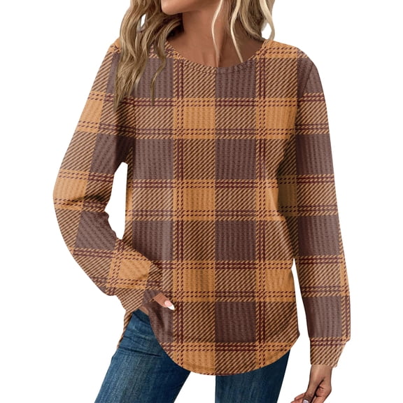 Kixjoy Tunic Tops for Women Long Sleeve Plus Size Waffle Knit Fashion Tunic Top Striped Cozy Loose Fit Tops Casual Fall Tunic Top for Women, Camel S