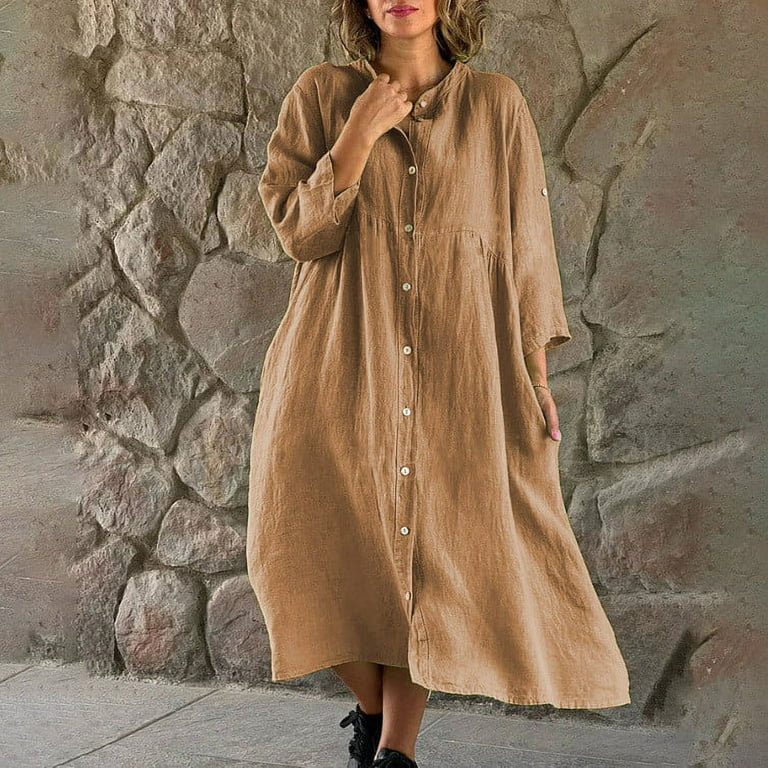 VSSSJ Cotton Linen Dresses for Women Button Down 3/4 Sleeve Solid Color Loose Comfy Holiday Casual Lapel Neck Swing Midi Long Shirt Dress Brown XXL - Walmart.com VSSSJ Cotton Linen Dresses for Women Button Down 3/4 Sleeve Solid Color Loose Comfy Holiday Casual Lapel Neck Swing Midi Long Shirt Dress Brown XXL - Walmart.com