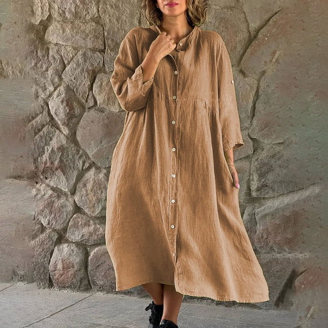 Gspmoly Robes d'Été, Mode Femmes Automne Uni Décontracté Col Rabattu Manches Longues Vacances Robe à Boutons Robes d'Été pour Femmes Liquidation