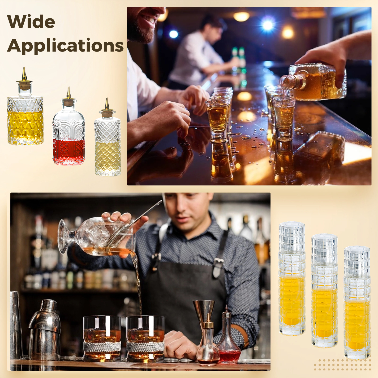 6 Pcs Cocktail Bottles Set, Including 3 Styles Bottles, Classic Diamond ,Carved Pattern and Diamond Grid, 3 Bitters Atomizer Bottles, Glass, Versatile Bar Accessories