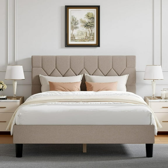 Novilla Queen Bed Frame with Headboard, Bed Frame Queen Size with Wood Slats Support, Linen Upholstered Pull-Point Headboard, No Box Spring Needed, Heavy Duty Feet, Easy Assembly, Beige