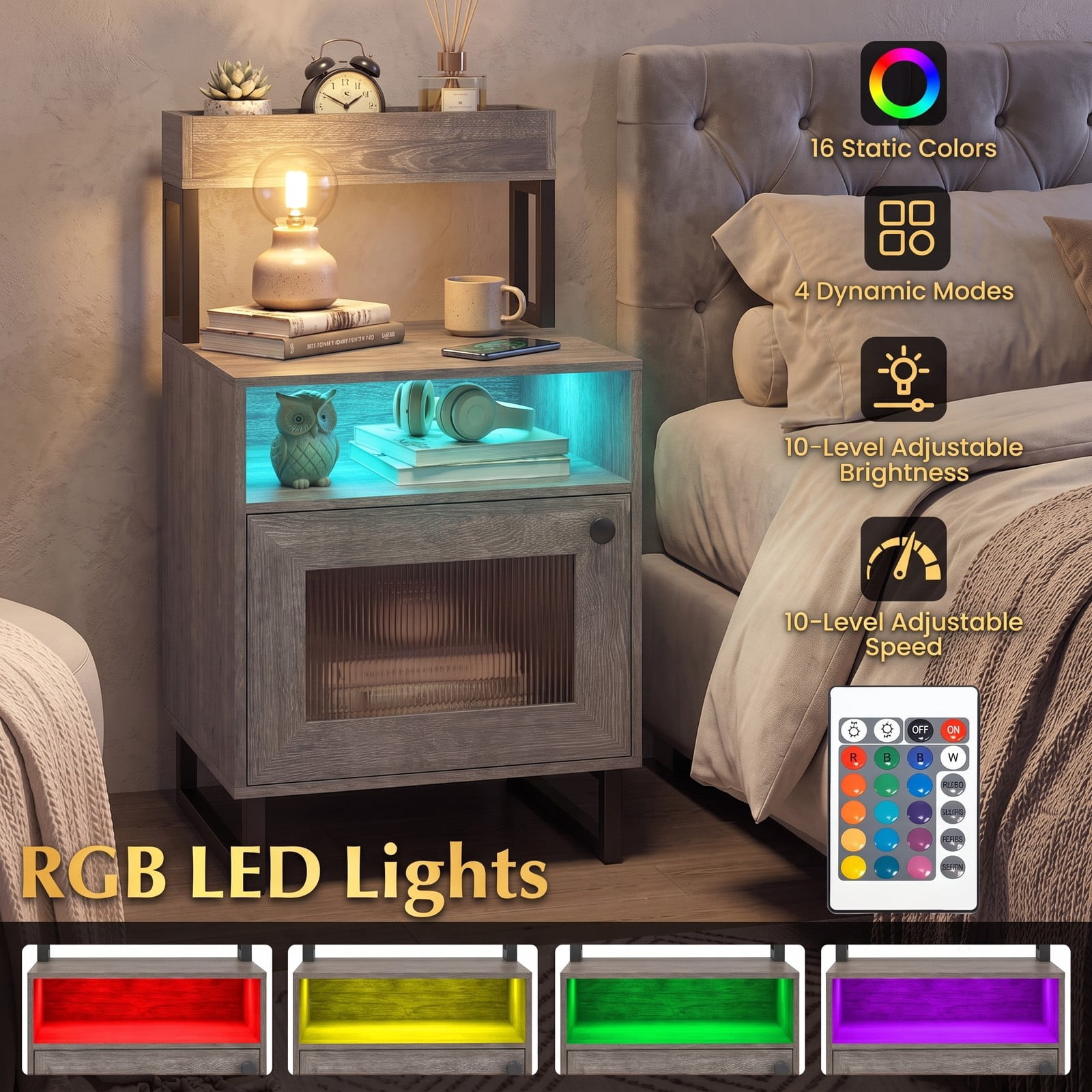 Furnibear Nightstand with LED Lights and Fluted Glass Cabinet Door plus Open Compartment and Raised Display Shelf for Bedroom and Living Room, Gray