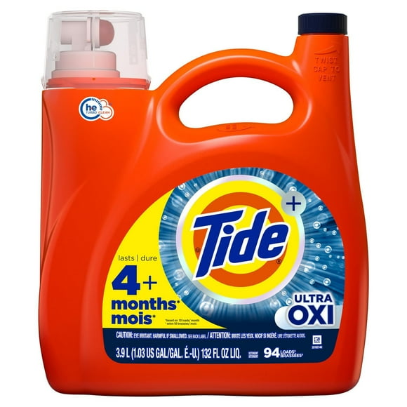 Détergent à lessive liquide Tide Ultra Oxi, compatible avec les laveuses HE, 94 brassées, 3,9 L (132 oz liq.)