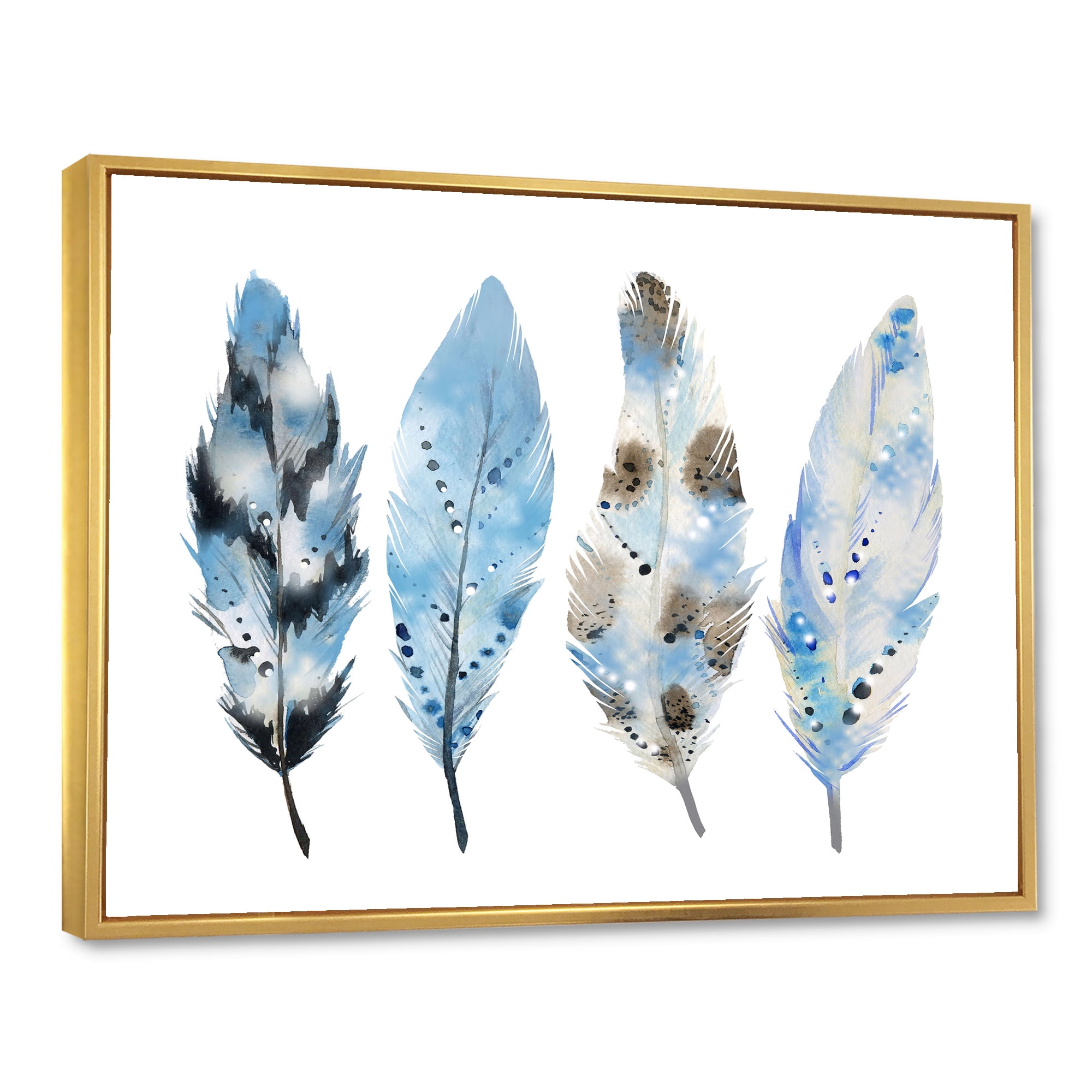 Designart 'Abstract Blue Boho Feathers I' Bohemian & Eclectic Framed Canvas Wall Art Print