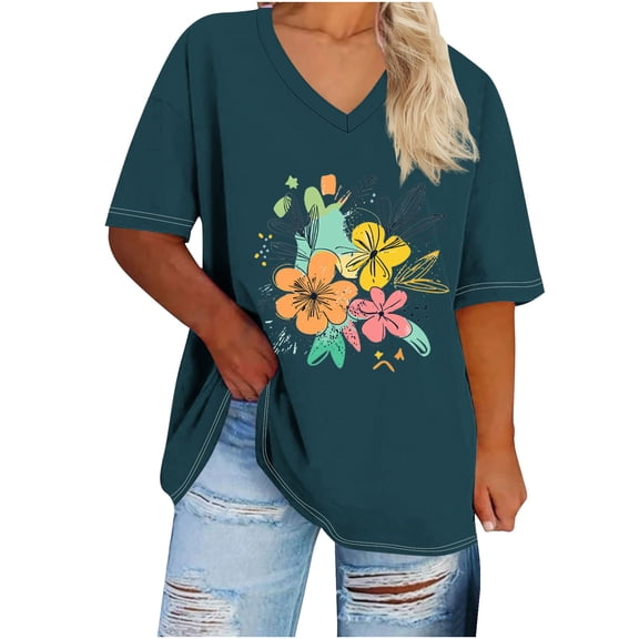 Zwiiyzr Women's Plus Size T-Shirt V-Neck Short Sleeved Solid Base Tunic Blouse Navy (3XL)