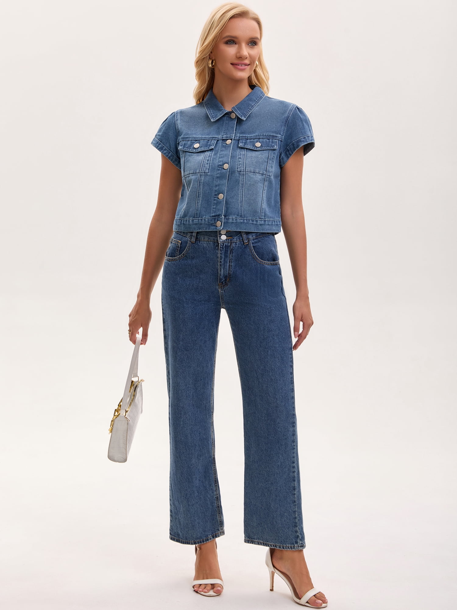 DARING DIVA Women's Cropped Cap Sleeve Button Down Collared Jean Jacket L Blue