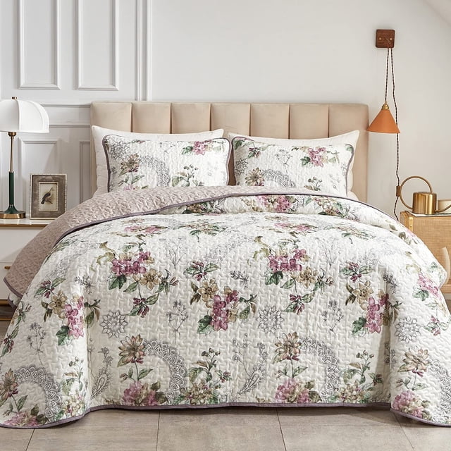 Juego de colcha Flysheep Full/Queen Size Beige Floral, 3 piezas