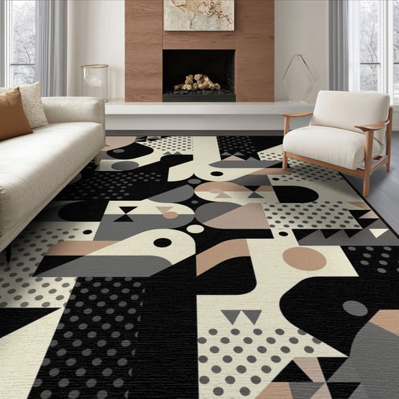 ODIKA 8'x10' Washable Area Rug Modern Composition Scattered Dots Triangles Contrasting Block for King Size Bedroom Under Bed, Master Suite, Non-Shedding, Easy Care