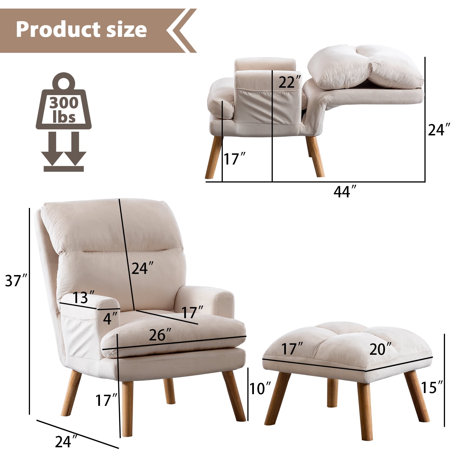 Bonzy Home Accent Chair with Ottoman, Adjustable Backrest Seat,Velvet Fabric Chair for All Age,Beige