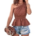 thumbnail image 1 of Blusa de un hombro Top sin mangas Dobladillo con volantes Cintura fruncida elástica Blusa jacquard Camisa Color caramelo S, 1 of 7