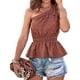 thumbnail image 1 of Blusa de un hombro Top sin mangas Dobladillo con volantes Cintura fruncida elástica Blusa jacquard Camisa Color caramelo S, 1 of 7