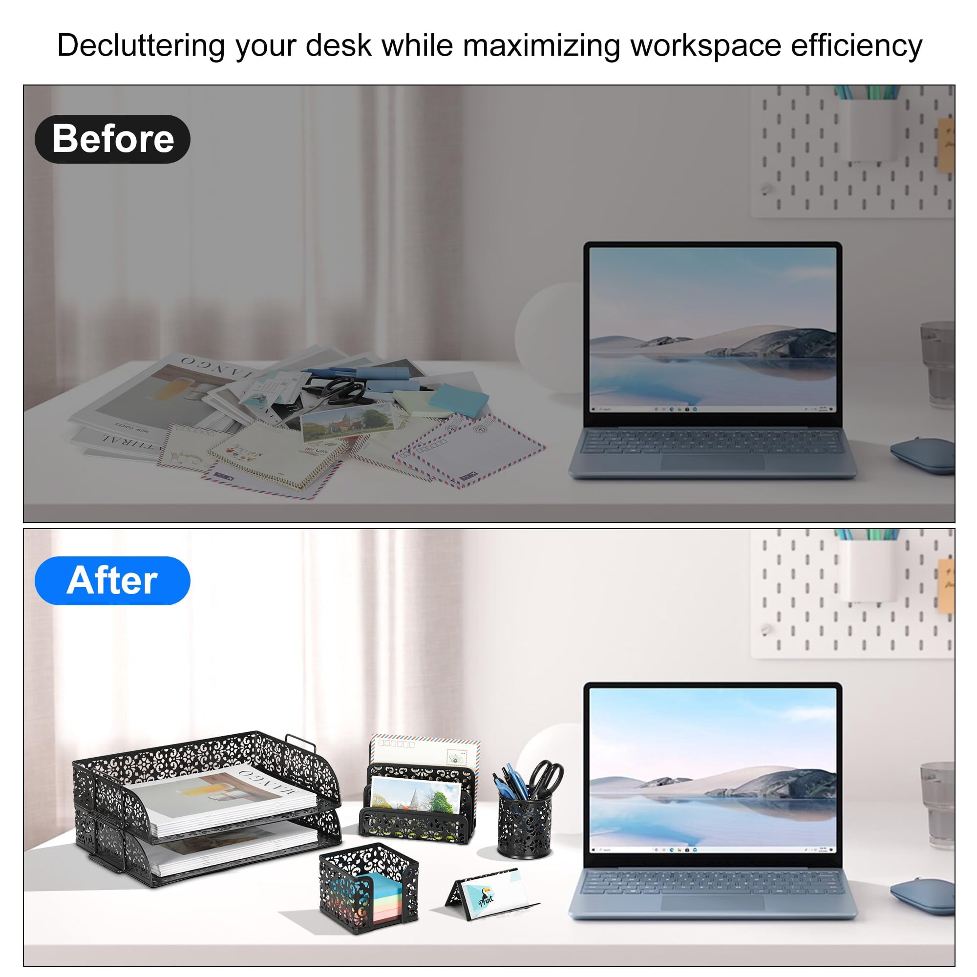Desk Organizers And Accessories 5 Pieces Office Supplies Set - 2 Tier Paper Tray  Pencil Organizer For Mail Sorter Countertop Business Card Holder Sticky Note Black