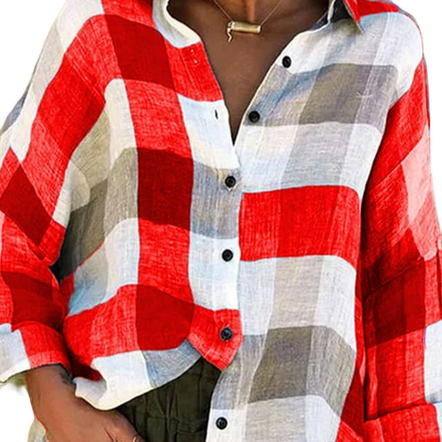 tredstone Blouse Femme Manches Longues Chemise à Blocs de Couleur à Carreaux Décontractée Ample Automne, Rouge, L