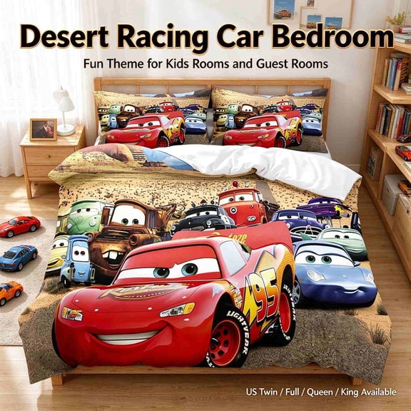 Cartoon Racing Car Kids Duvet Cover Set, 3 Pieces Boys Bedding Set, 1 Duvet Cover 2 Pillowcases, Soft Bedroom Decor Bedding for Kids