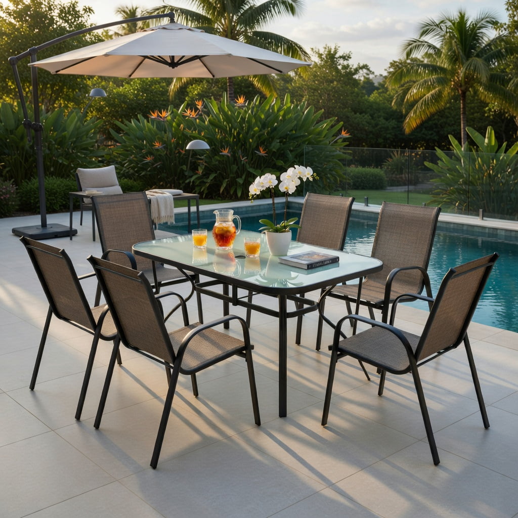 Hommoo 6-Pack Stackable Outdoor Dining Chairs, Breathable Fabric Seat, Curved Armrests, Heavy-Duty Steel Frame, Ideal for Patio, Backyard, Poolside & Balcony, Brown
