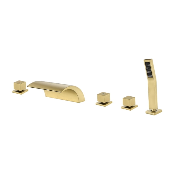 Cobbe 5-Hole Mount Bathroom Tub Faucet Kit with 7.09-inch Wide Waterfall Spout, Handheld Shower, 2 Switches and 1 Diverter Knob Brushed Gold