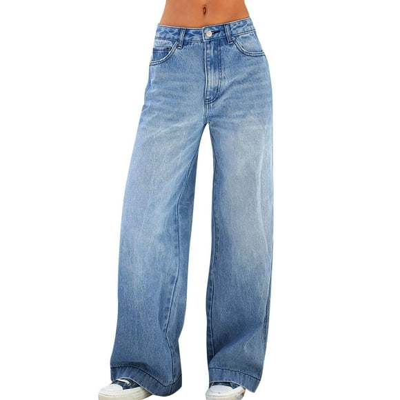 Pxkloy Wide Leg Jeans Women Ripped Frayed Hem Casual Trousers High Waist Baggy Comfortable Denim Pants 2026 Dark Blue,XL