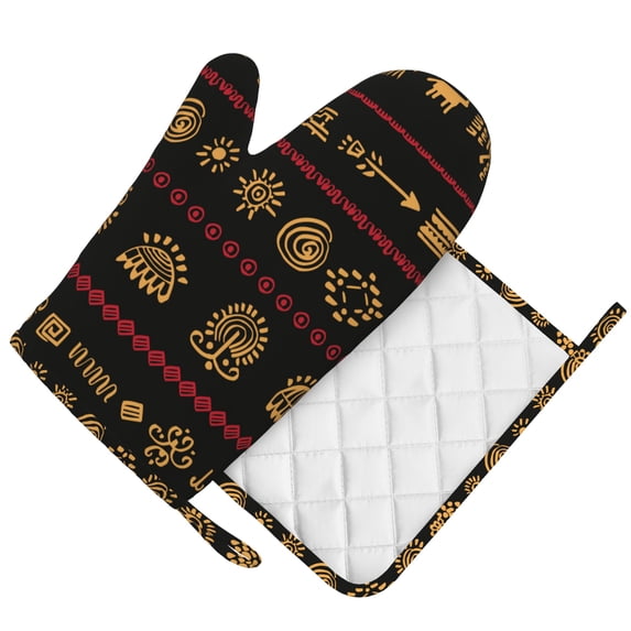 DouZhe Oven Mitts and Pot Holders Sets, Boho Ethnic Tribal Elements Prints Non-Slip Heat Resistant Kitchen Oven Silicone Glove
