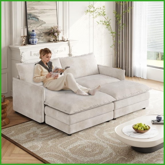 Modern Corduroy 2-Seater Deep Seat Sofa with 2 Movable Ottomans - Living Room Sofa with Solid Wood Frame