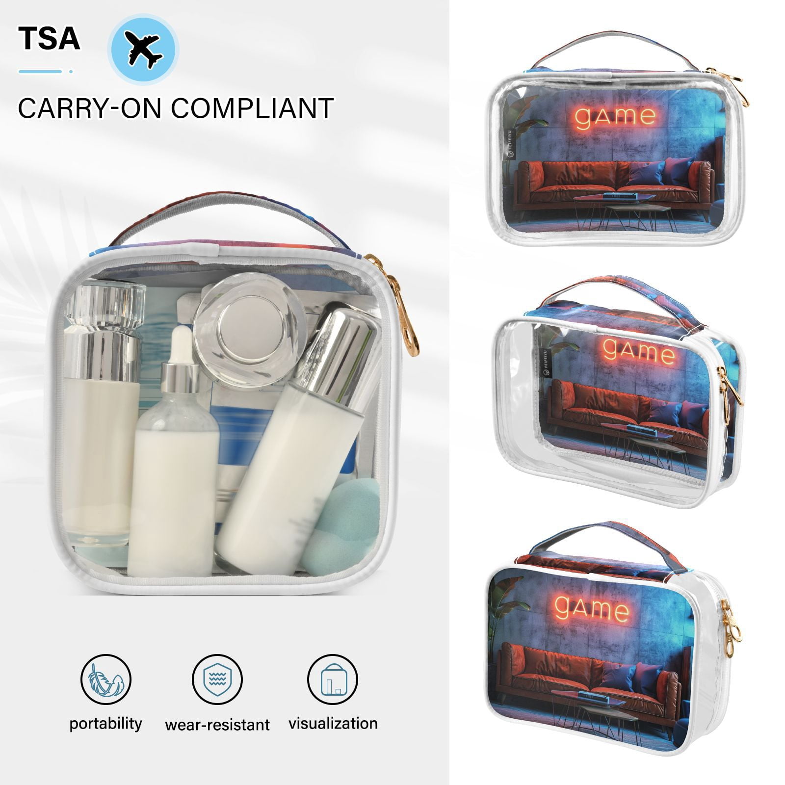 Clear Makeup Bags with Handle Large Opening 2 Pack Set Toiletry Bag Quart Size Bag, for Women Man Traveling Travel Essentials, Toiletries and Other. Game