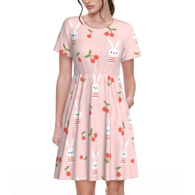 Easygdp Rabbit And Cherry para Vestido Transpirable de Mujer, Vestido Suelto de Manga Corta con Pliegues y Bolsillos para el Verano