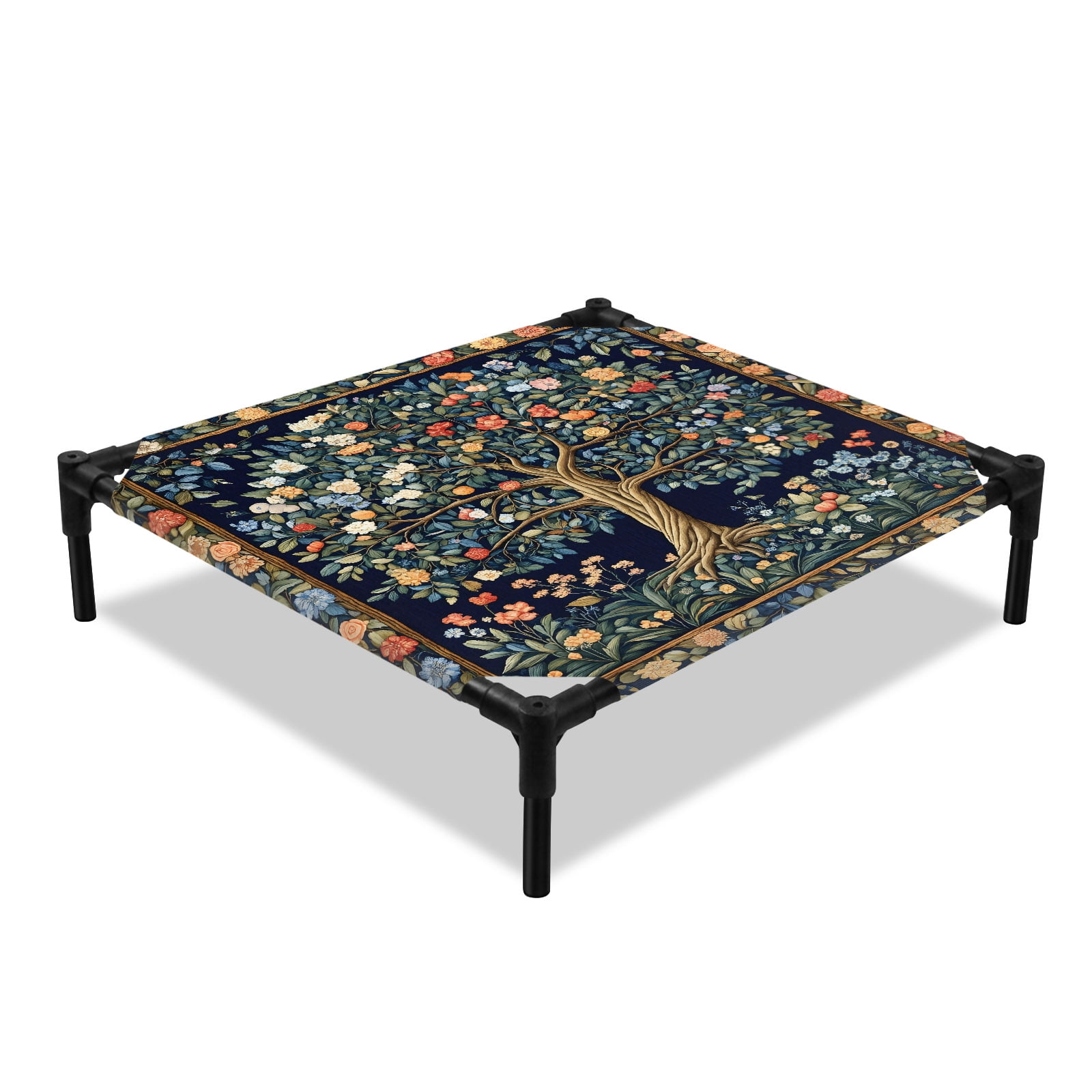 Colorful Flowers Elevated Dog Bed Blue Flower Trees Leaf Vintage Plant Cooling Breathable Outdoor Raised Dog Cot Bed with Metal Frame Non-Slip Feet for Small Dog 20x20in
