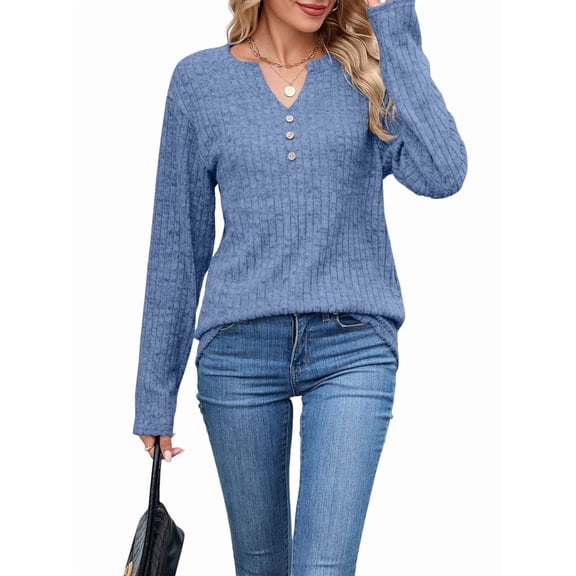 Women Long Sleeve Shirts Dressy Casual Button V Neck Pullover Sweaters Jumper Tops Fall Outfits Blue XL