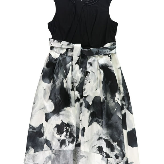 S.L. Fashions Womens Floral Beaded Neck High-Low Dress, Black, Plus Size, 18W