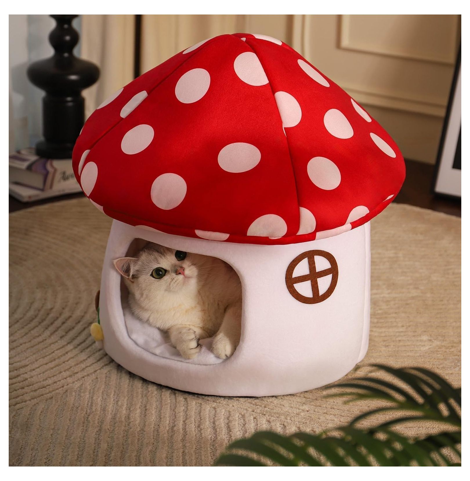 Mushroom Cat Bed for Indoor Cats & Small Dogs - Soft Plush Cave Bed with Removable Cushion, Cozy Pet Nest Tent - Red & White