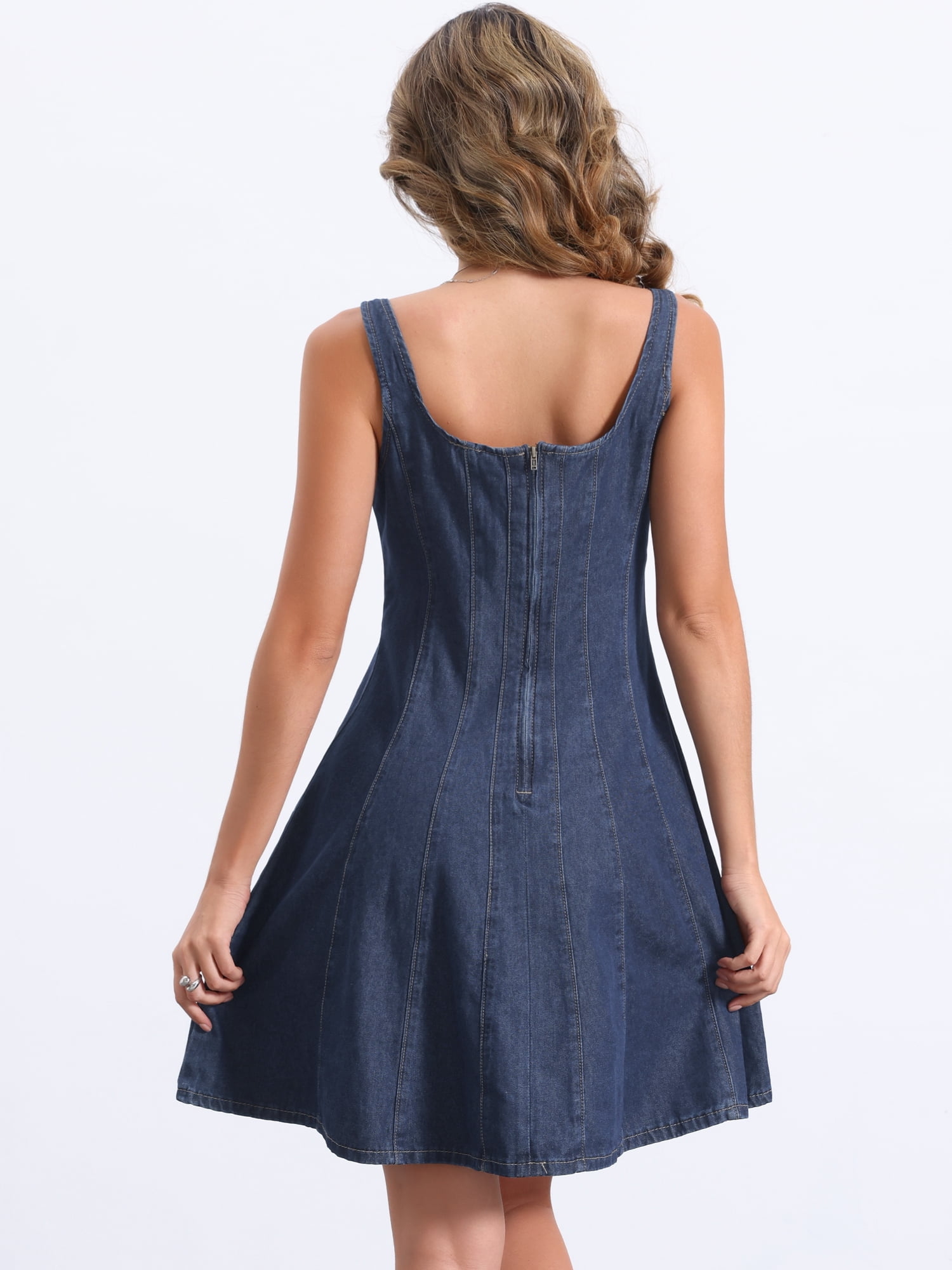 DARING DIVA Stylish Denim Casual Tank Square Neck Mini Dress S Dark Blue
