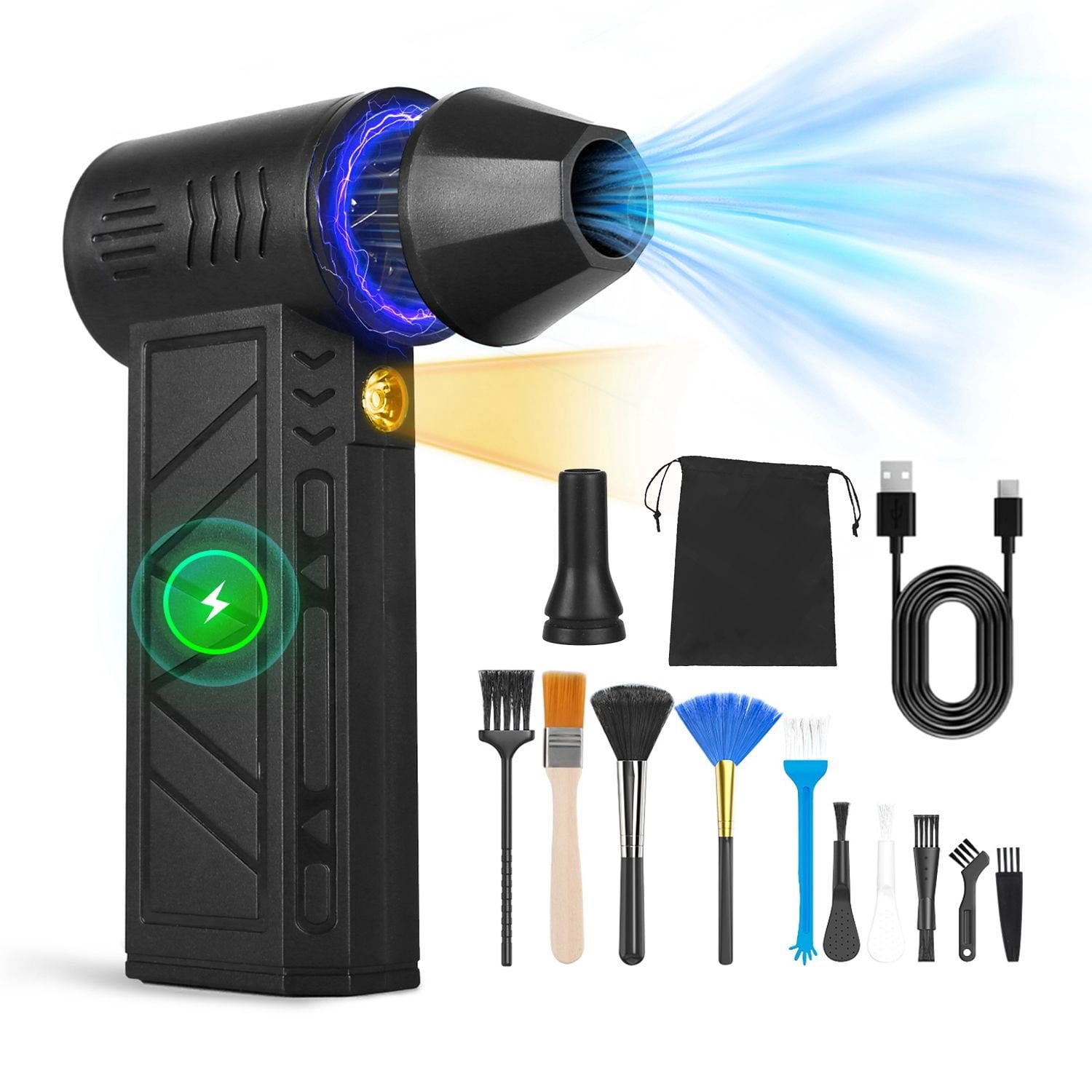 Compressed Air Duster with LED Light Up to 150000RPM Speed for PC Keyboard Cleaning High Speed Rechargeable Cordless Air Blower with 4 Speeds for Home Car Outdoor