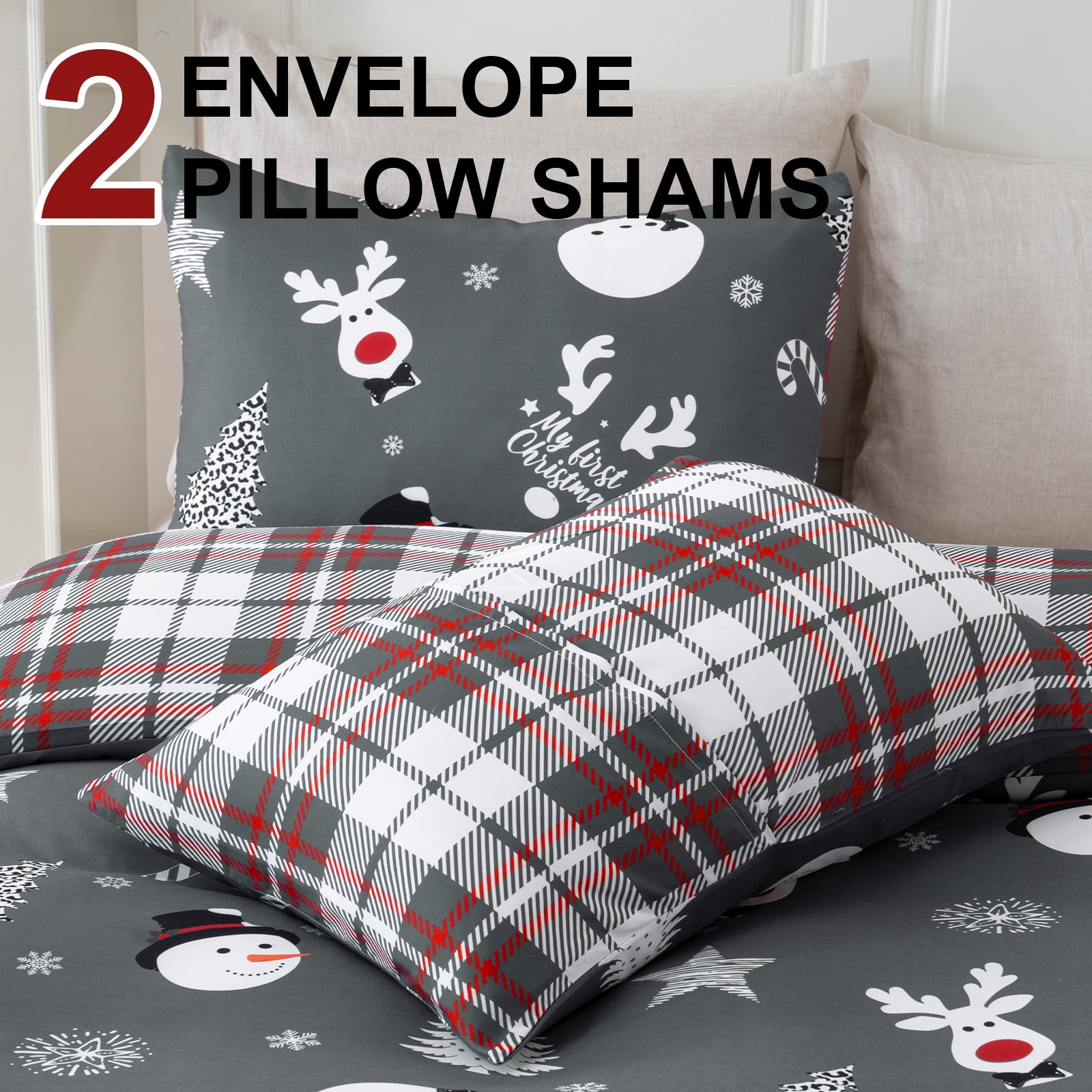 BLEUM CADE Christmas Duvet Cover Set Snowman Plaid 3 Piece Bedding Set for Double Bed 1 Duvet Cover, 2 Pillow Cover