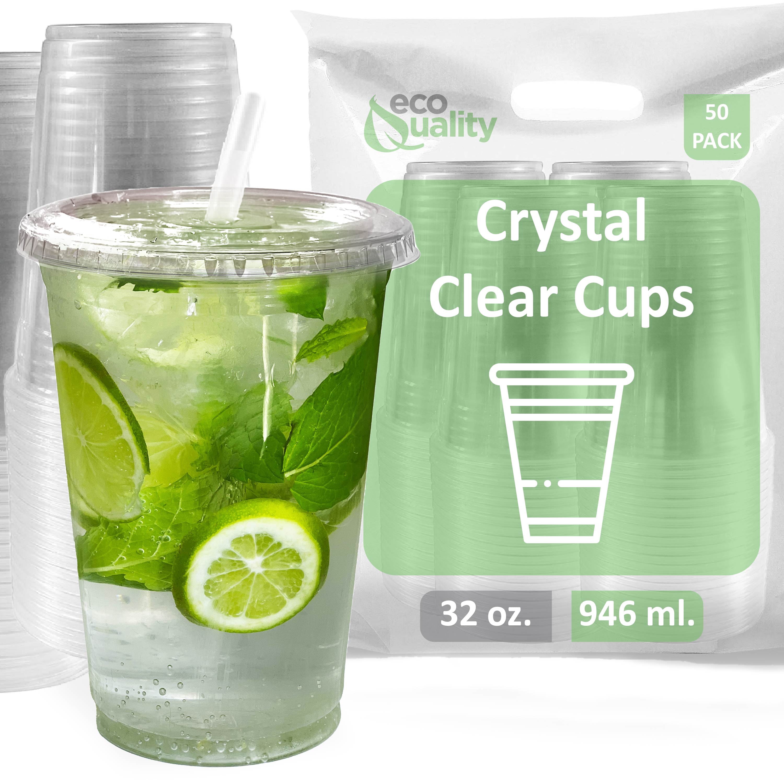 Large Clear Plastic Disposable Cups with Lids & Straws 50 count 32 oz