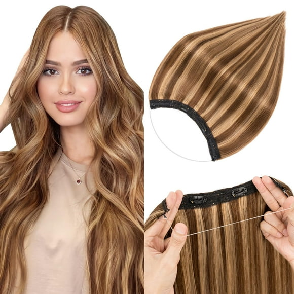 Halo Hair Extensions Real Human Hair,Prokyvity 100% Human Hair Halo Extension,Halo Extensions Real Human Hair,Halo Hair Extension,Halo Hair 4P27 Medium Brown Mixed Dark