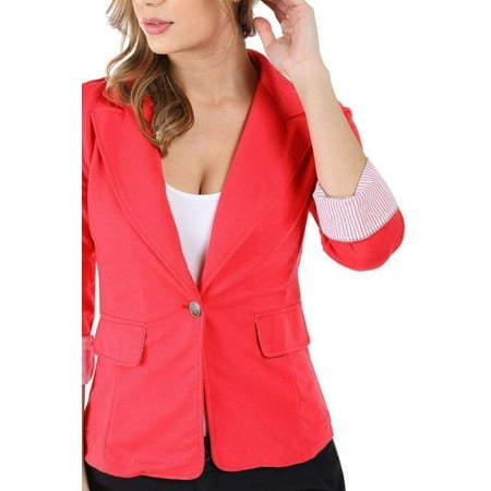 Buttoned Blazer - Salt Tree Women's Single Button Folded Contrast Quarter Sleeve Blazer Jacket